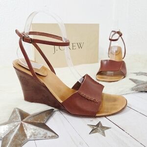 J. Crew Italian Leather Wedge Sandals Floral Embossed Cognac Brown Size 8 H